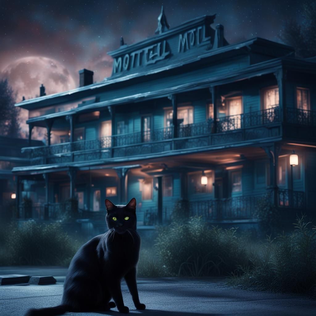 Black Cat at Creepy Motel in Digital Painting