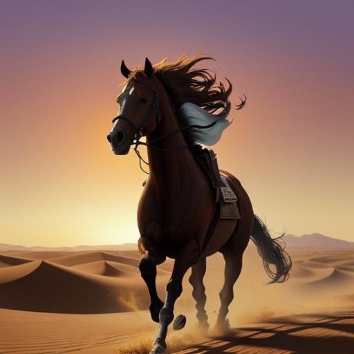 Majestic Horse Gallops Through Desert Sunset