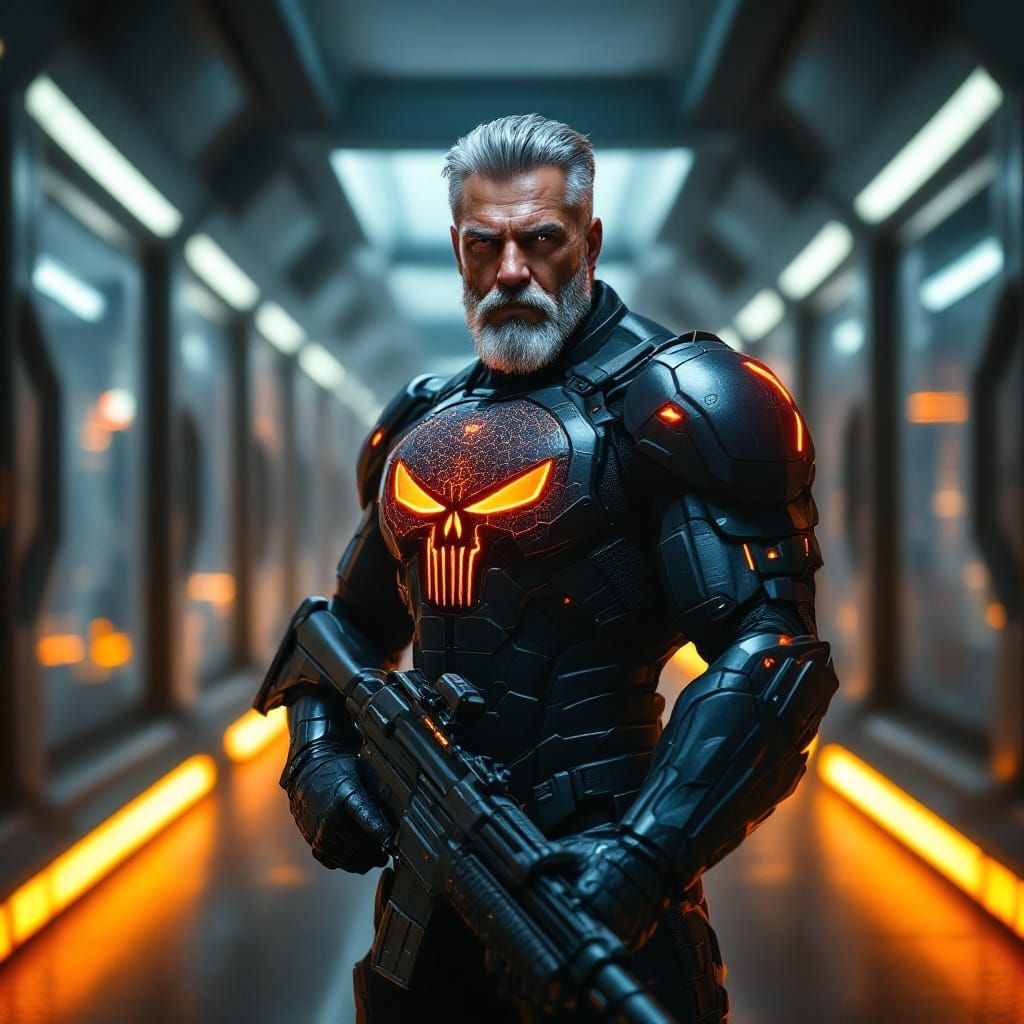 Cybernetic Vigilante in Gritty Dystopian Armor