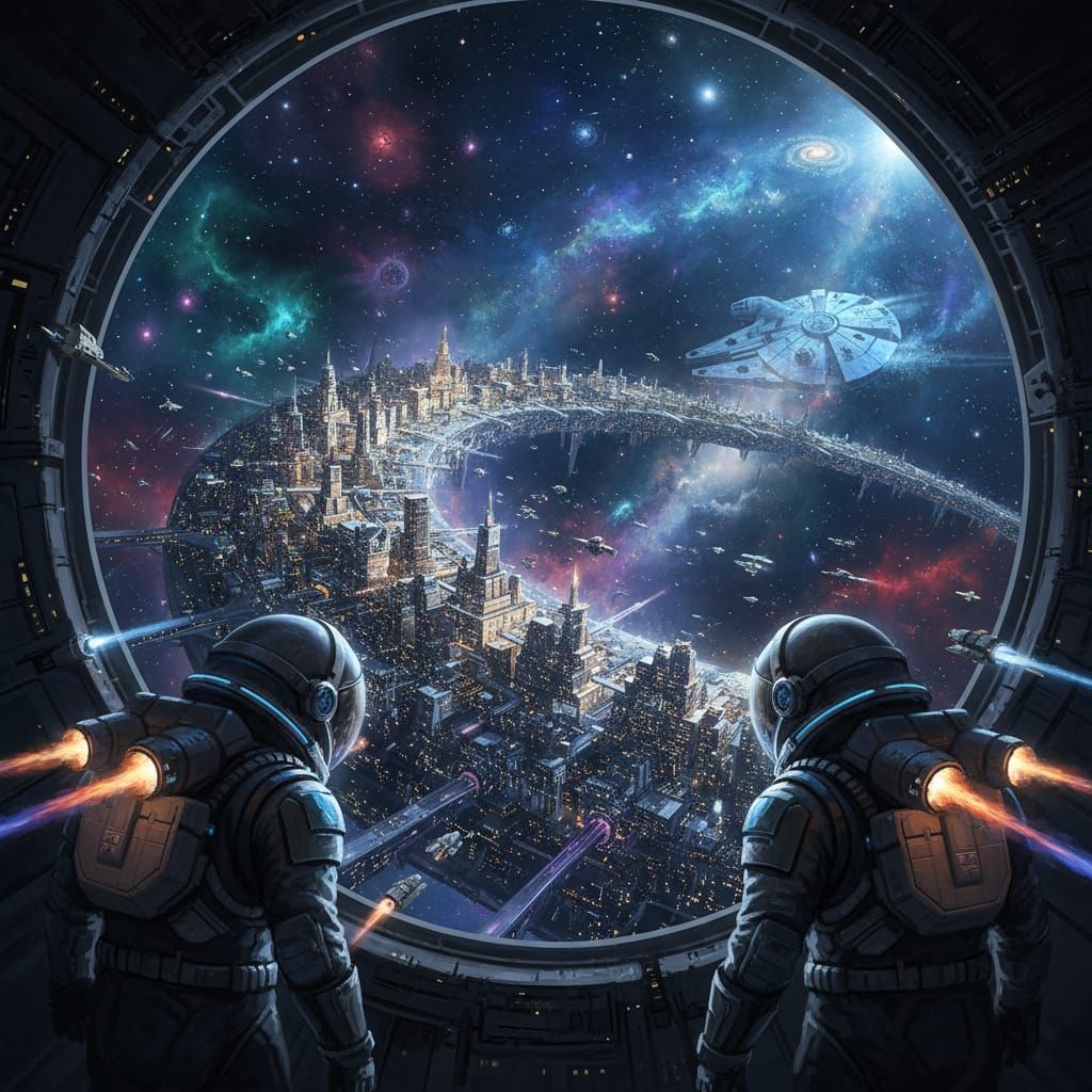 Astronauts Behold Cosmic Cityscape with Millennium Falcon Sh...