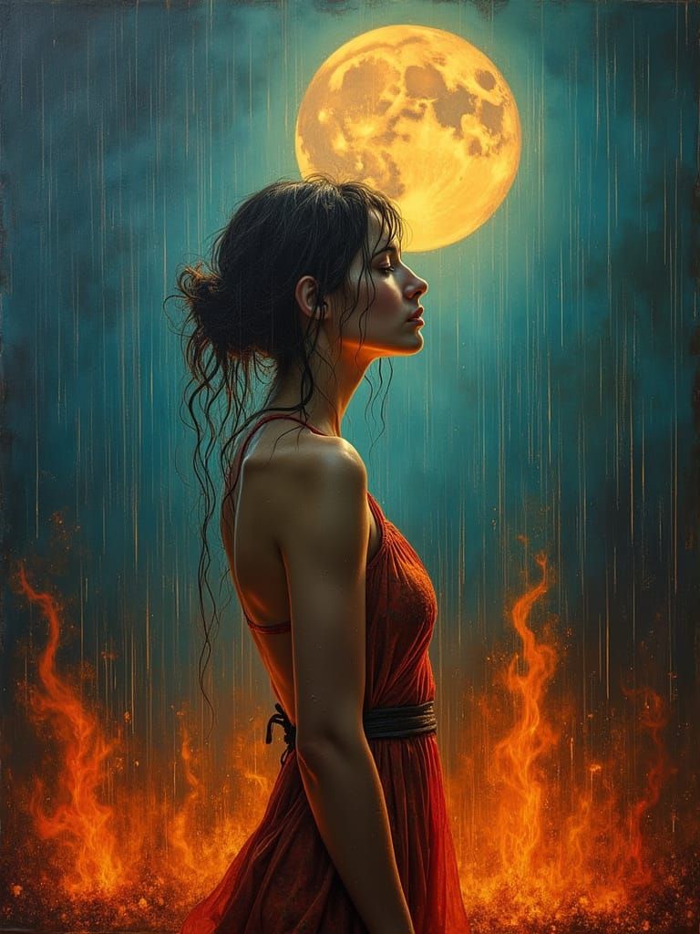 Surreal Dreamscape: Woman, Rain, Fire, and Moon