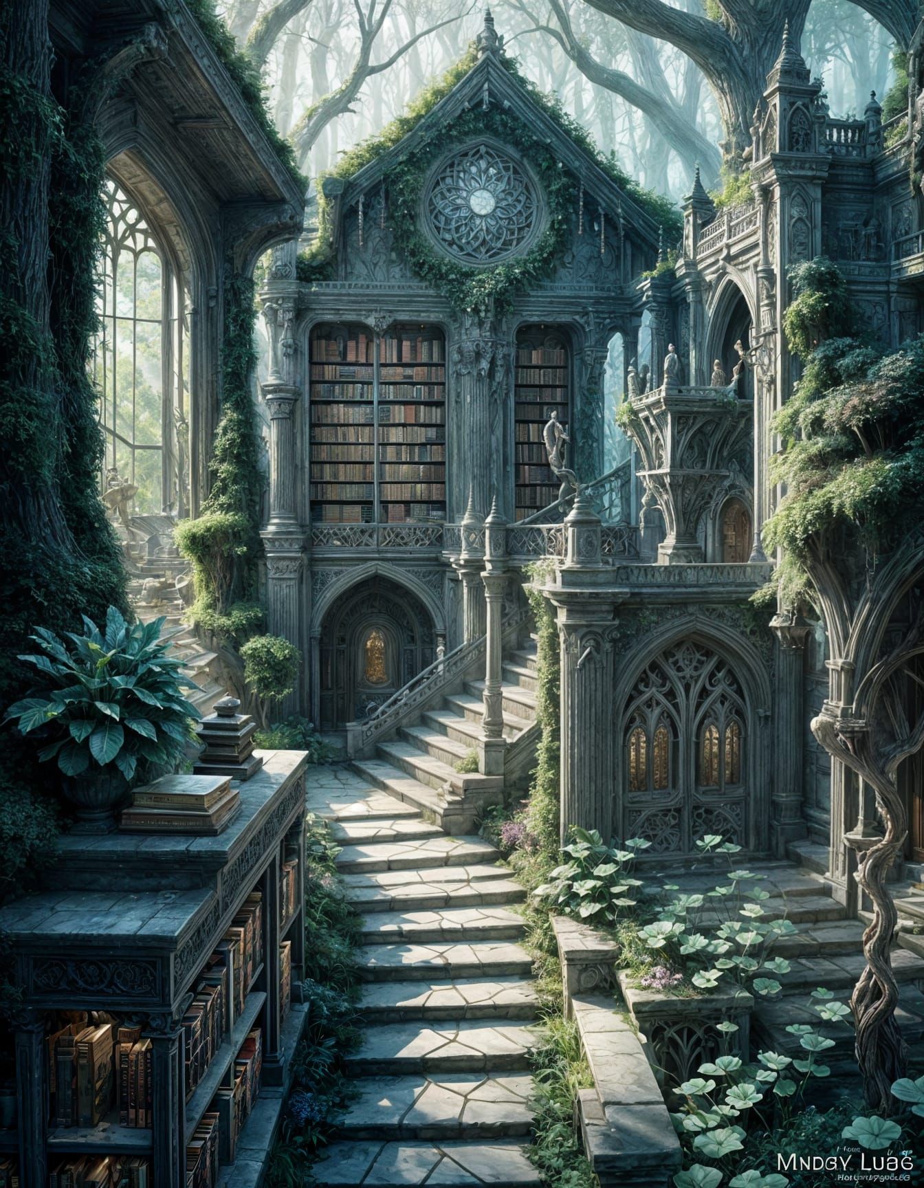 Intricate Forest Elven Library Digital Illustration