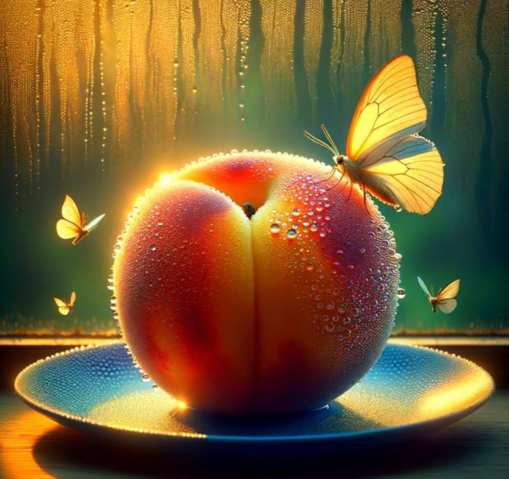 Ripe Peach Macro Photography with Glistening Dew