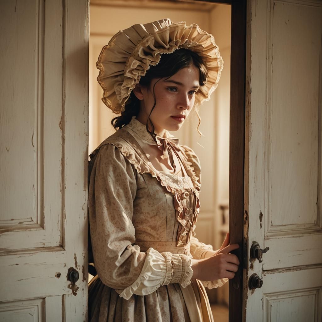 Boy in Frilly Dress Hiding: Cinematic 19th Century Scene