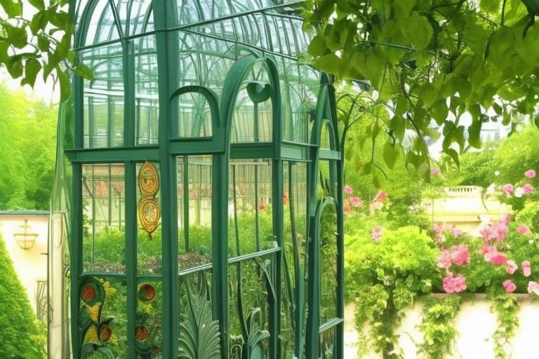 Art Nouveau Garden with Sunlight and Flowers
