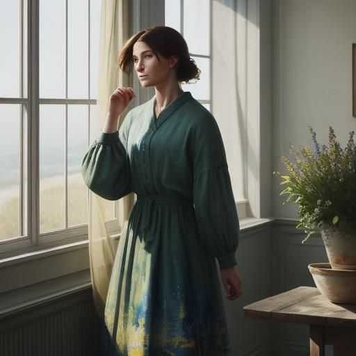 Windy Landscape Impressionist Oil Painting with Impasto Text...