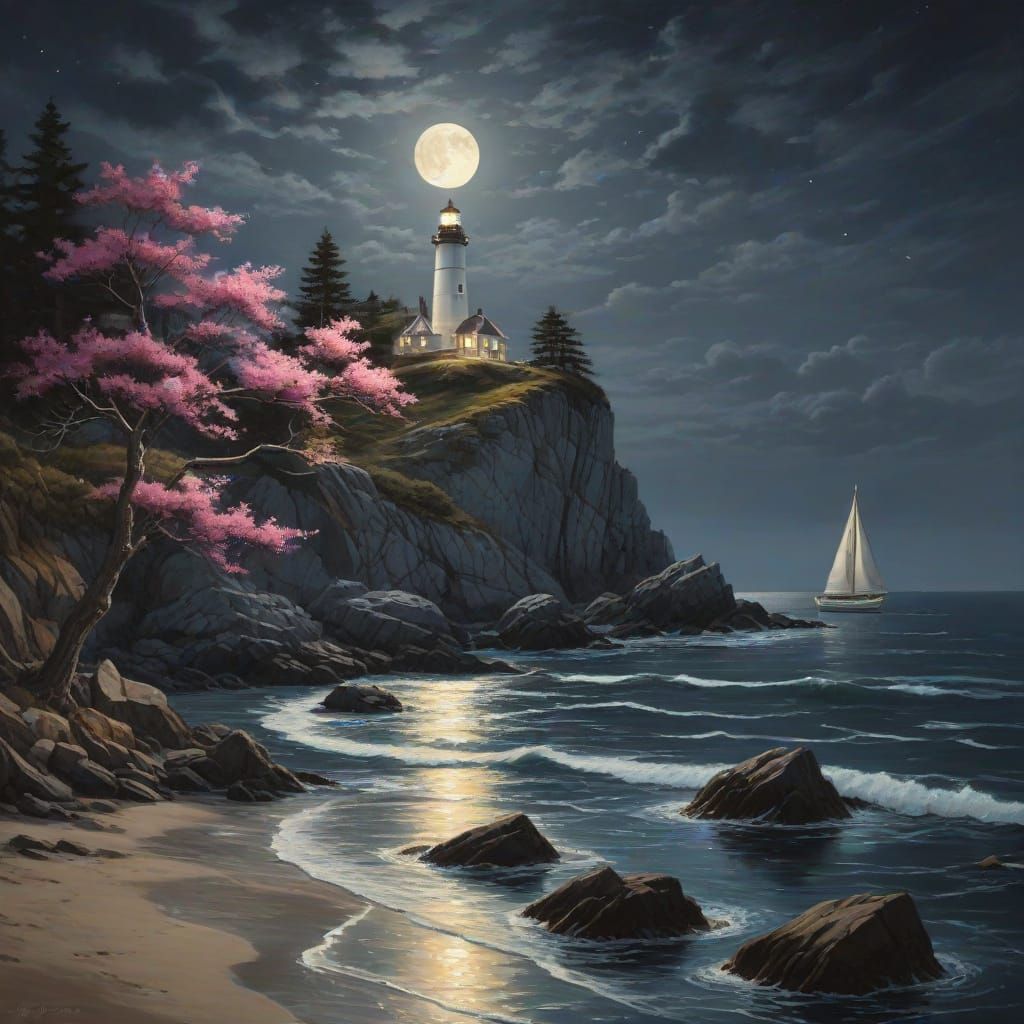 Golden Moonlit Coast with Lighthouse and Sailboat