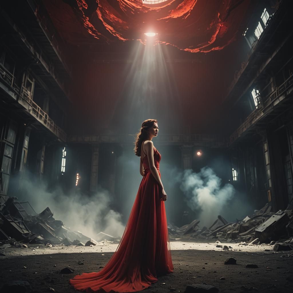 Woman in Red Dress Floating in Space