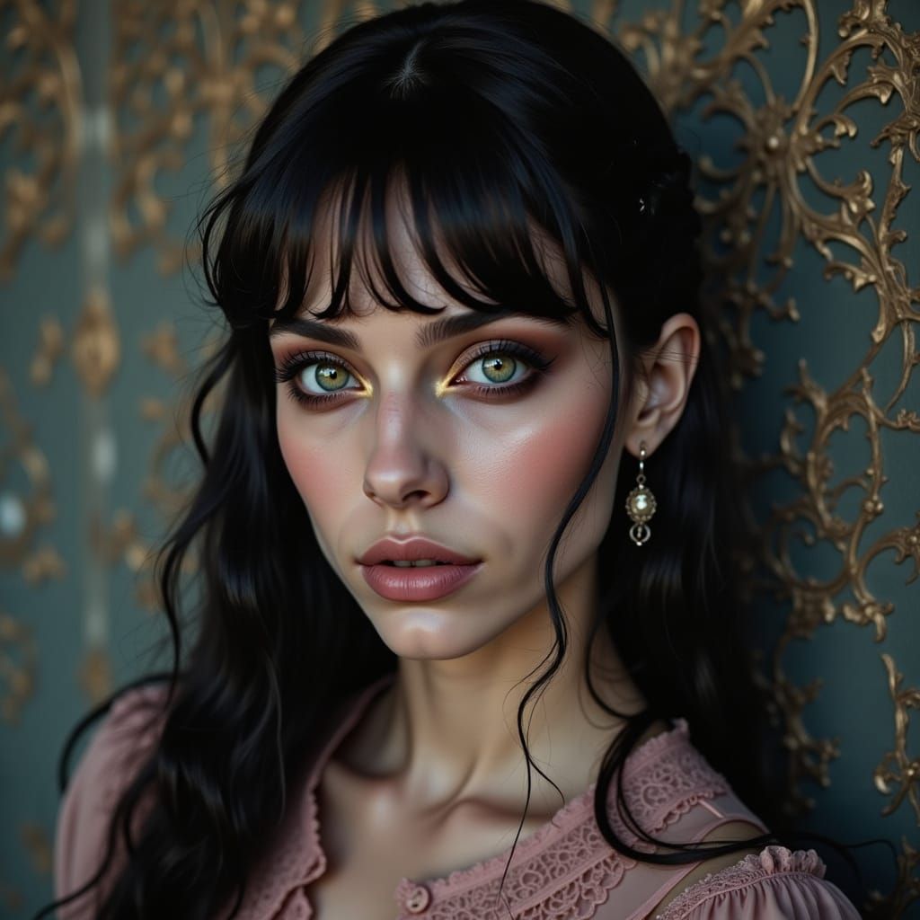 Portrait of a Woman with Long Dark Hair and Green Eyes