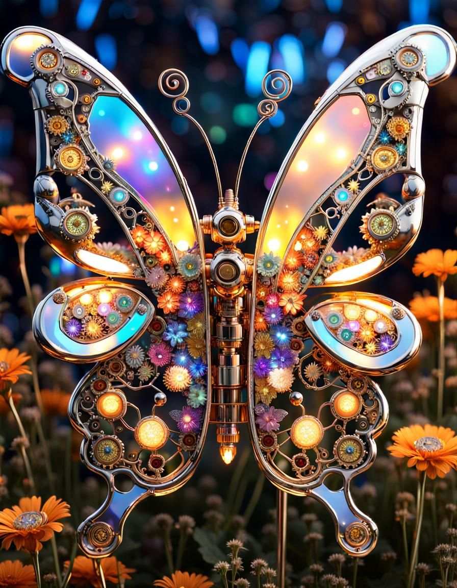 Steampunk Cyborg Butterfly with Glowing Lights