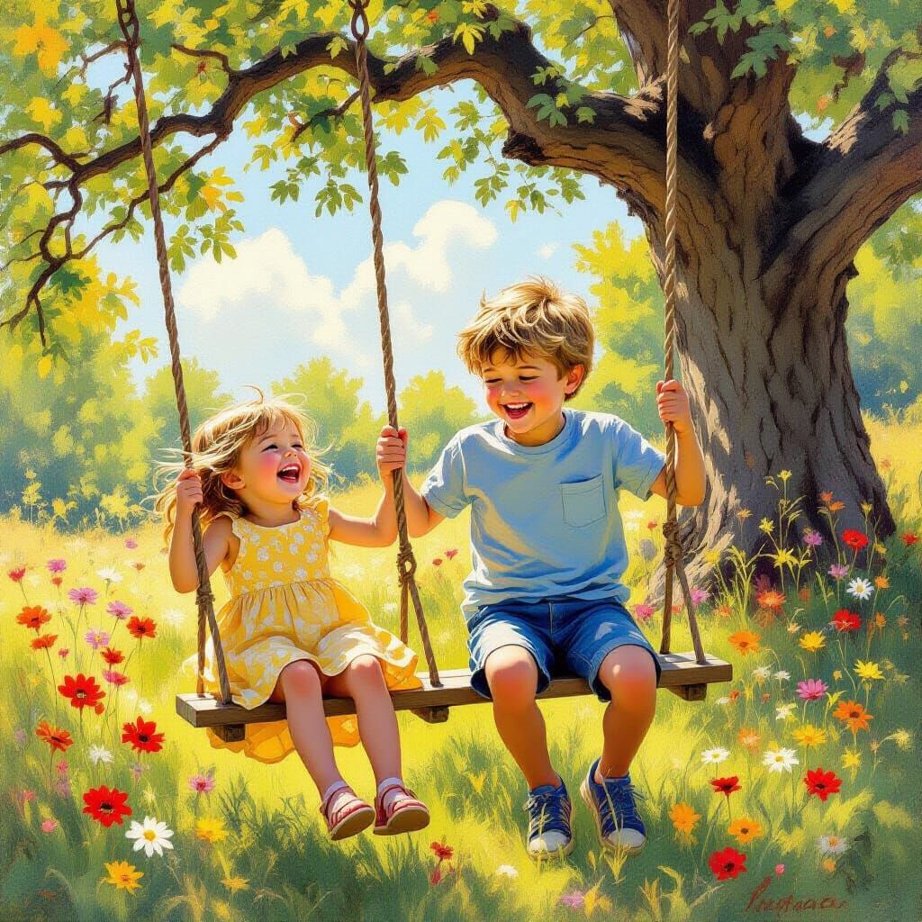 Joyful Siblings Playing on Sunny Meadow in Impressionistic S...