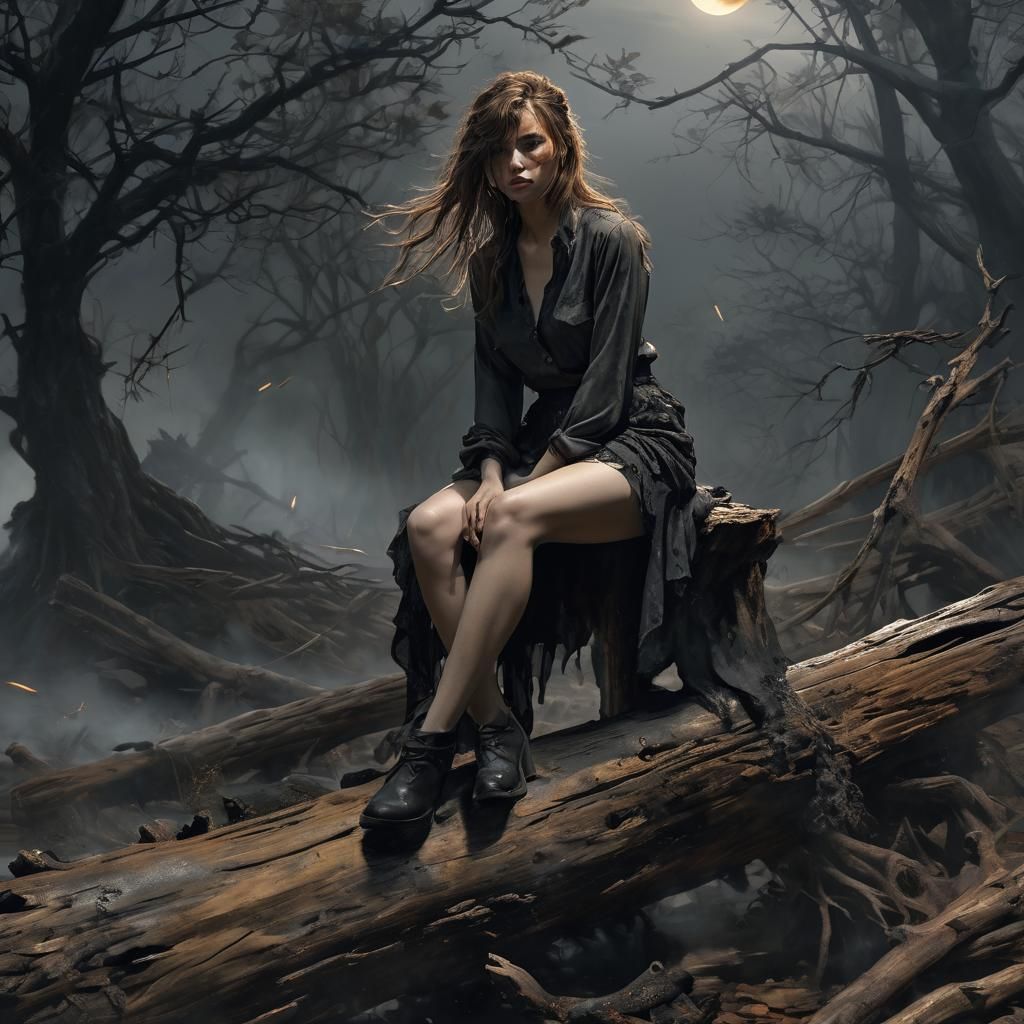 Scared Girl in Dark Forest, Hyperrealistic Style