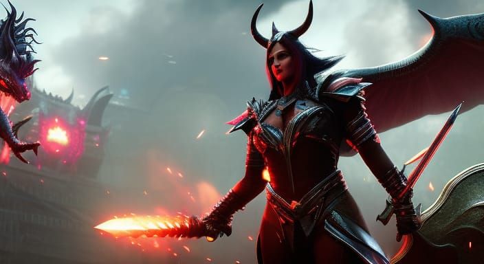 beautiful demon warrior with background cherry blossoms