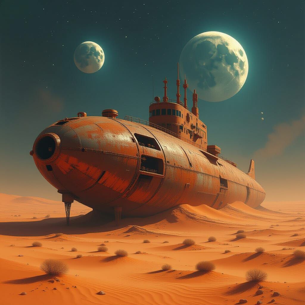 Derelict Submarine in Desert Under Alien Sky, Painterly Styl...