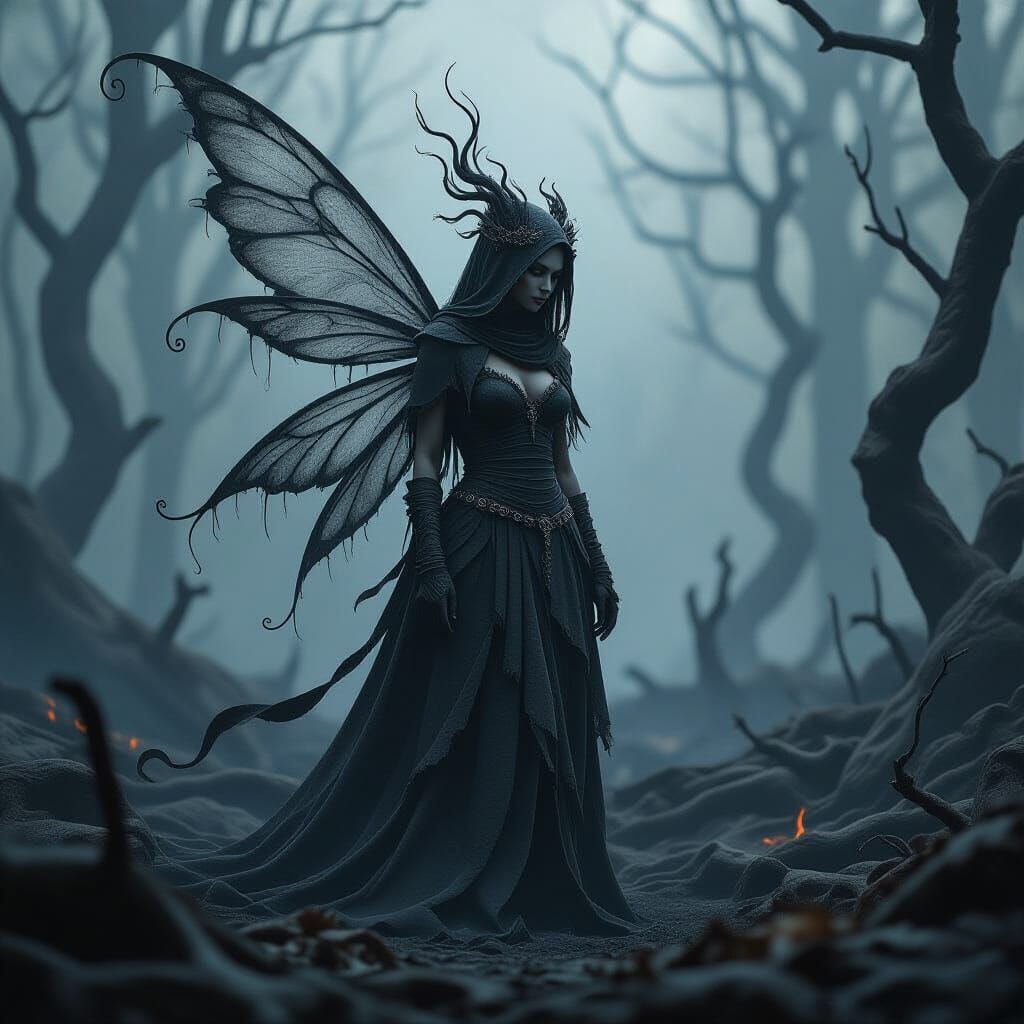 Smoky Ash Fairy in Charred Forest: Dark Art