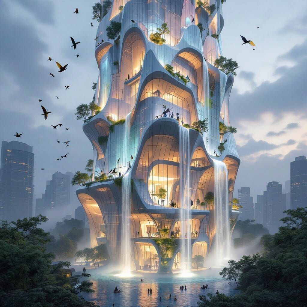 Bio-luminescent Skyscraper with Aviary Amidst Waterfalls