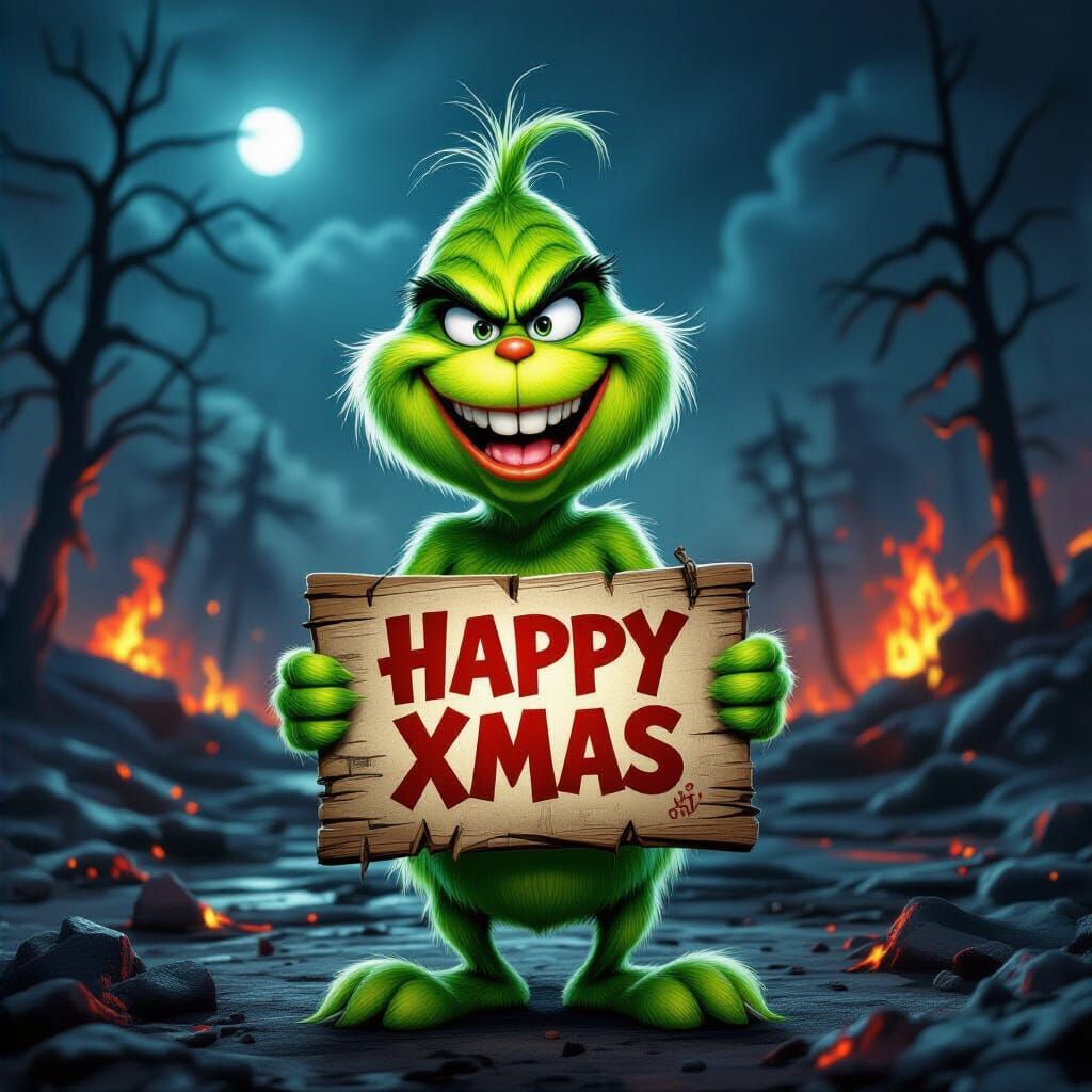 Hyperrealistic Grinch Laughs in Post-Apocalyptic Xmas Scene