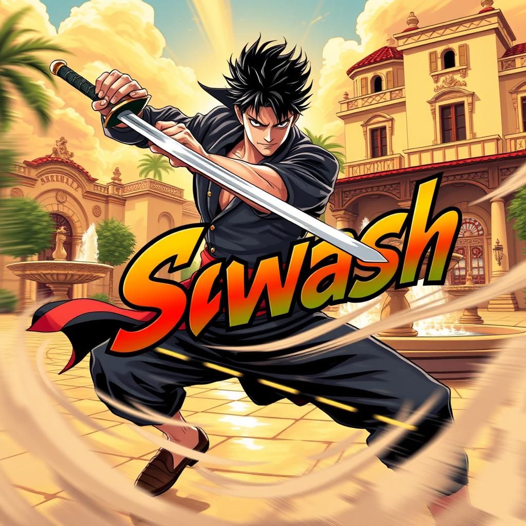 A picture of Zoro the fictional masked hero, swiping his swo...