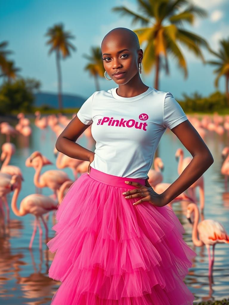 Bald Woman in Pink with Flamingos, Leibovitz Style