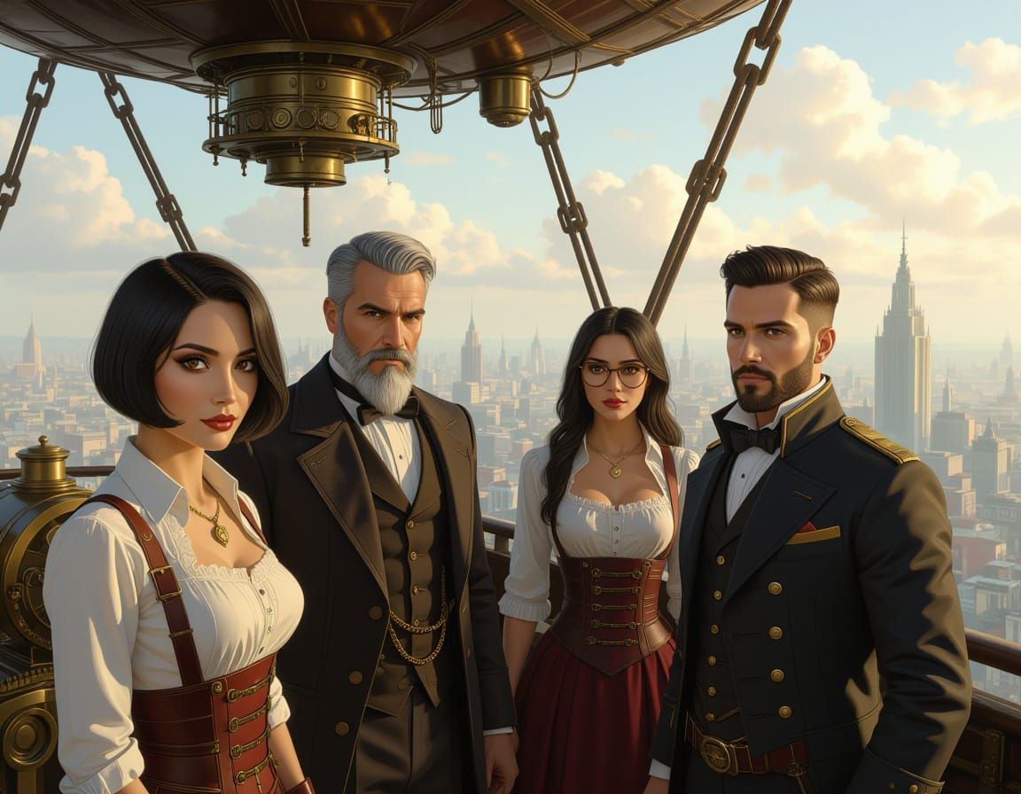 Victorian Steampunk Metropolis Scene on Dirigible Deck