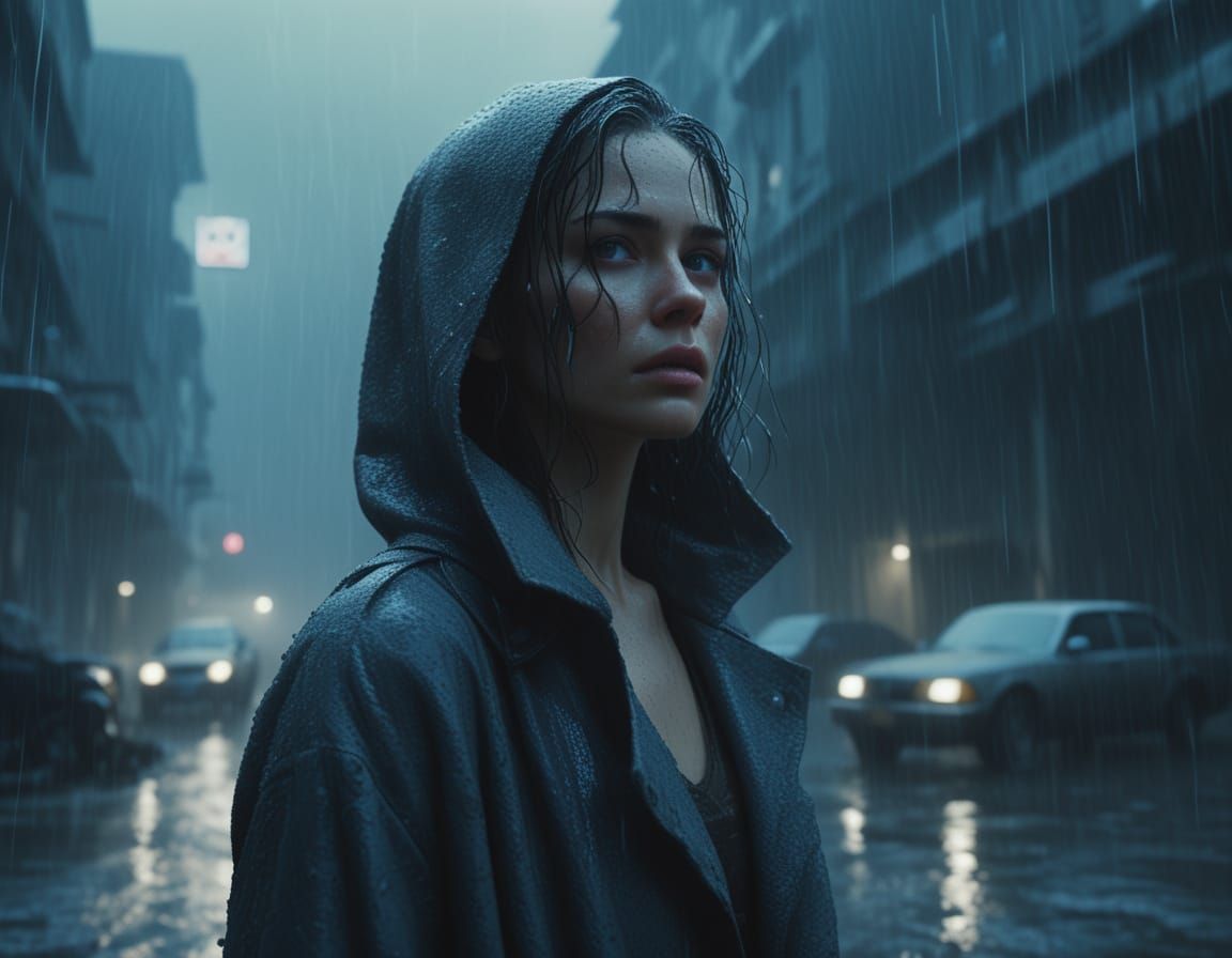 Dystopian Woman in Rain, Ancientfuture Style