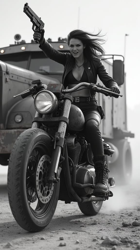 Post-Apocalyptic Goddess of Ruin on Armored Motorcycle