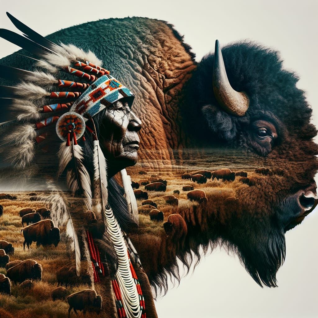 Indigenous Person and Bison Double Exposure Image