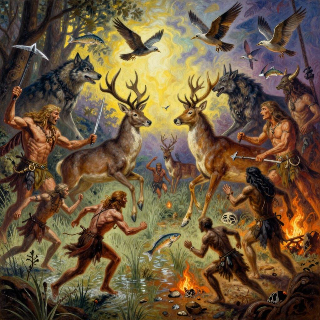 Macabre Dance of Sapiens and Creatures in Vibrant Tapestry