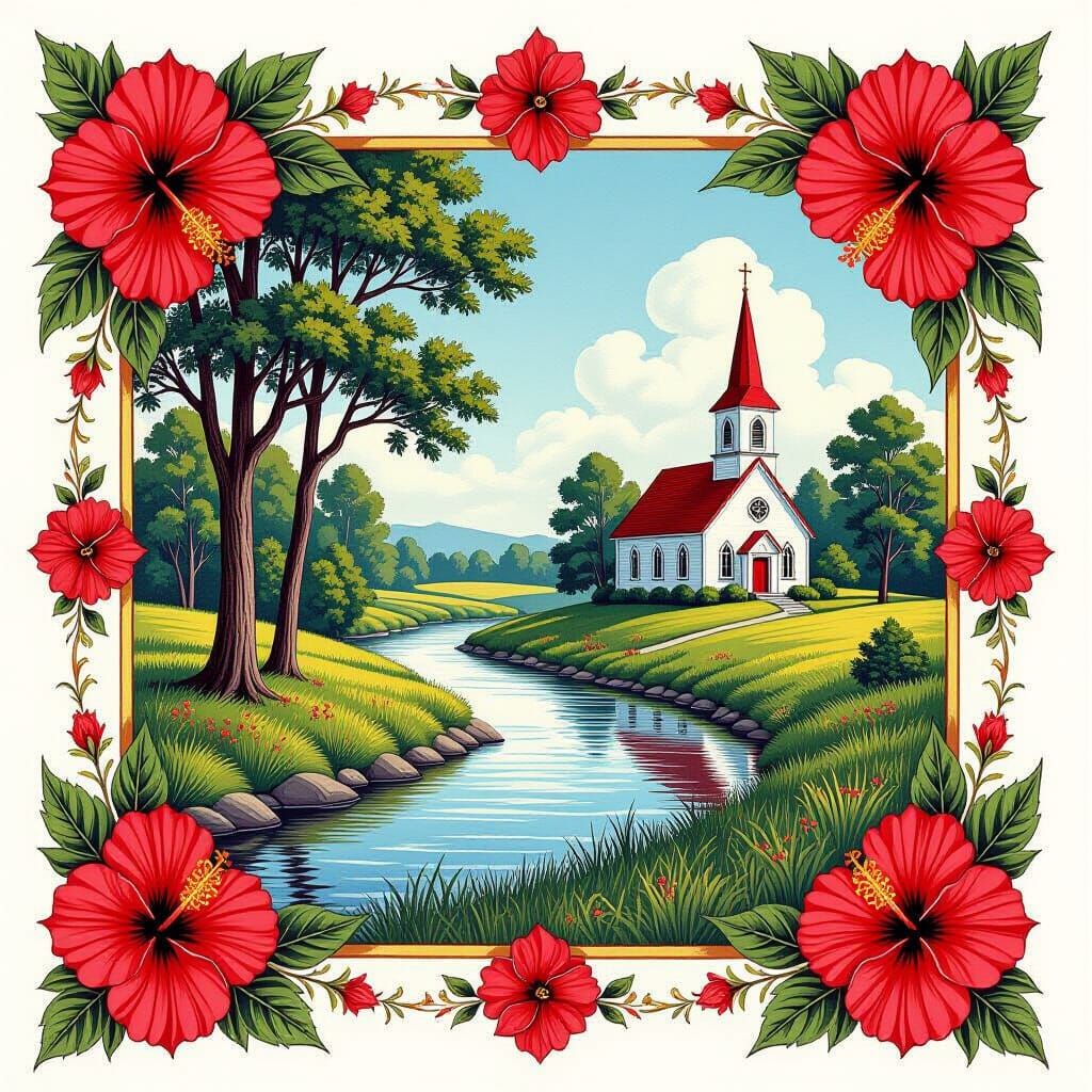 Summer Landscape with Church and Hibiscus in Colored Pencil ...