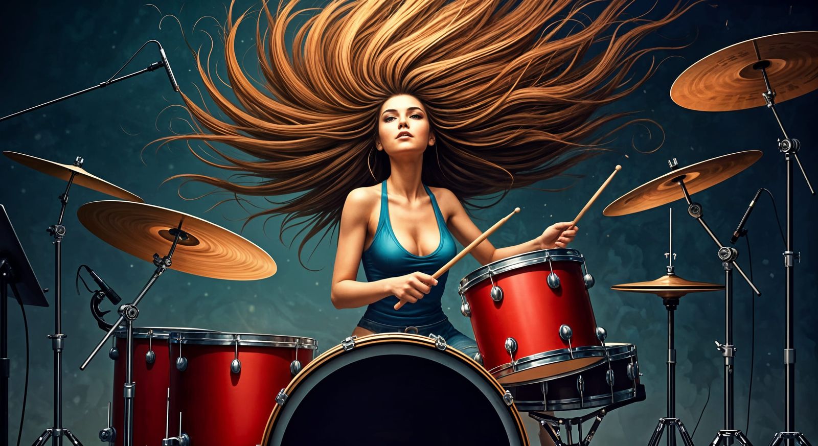 Energetic Drummer Girl in Vibrant Stage Setting