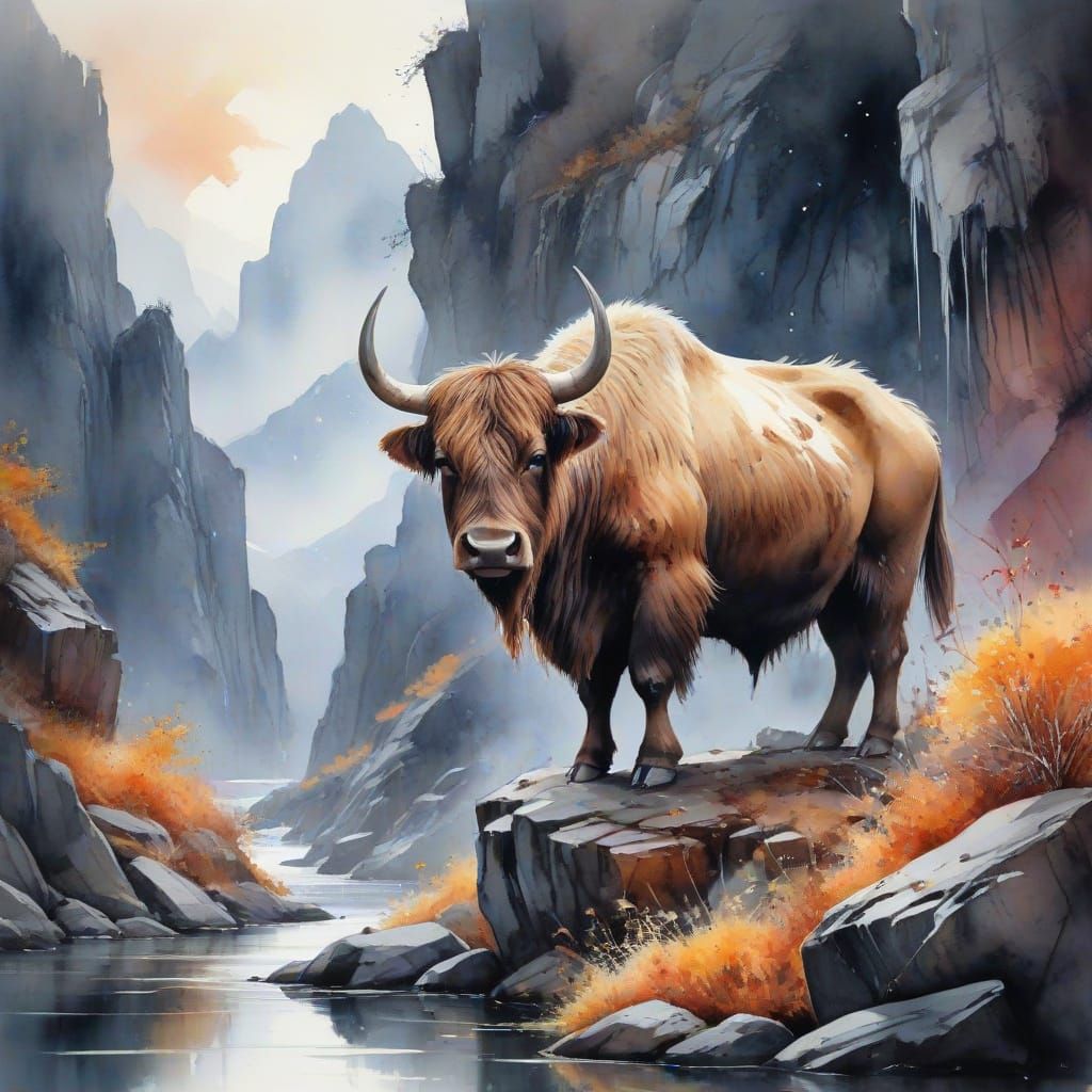 Autumn Twilight Temple with Vibrant Banners and Sturdy Yak