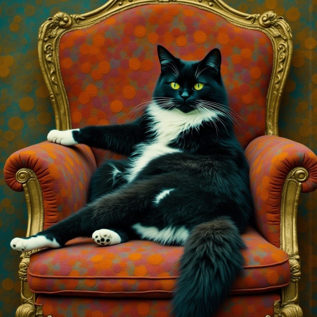 <lora:Flux GelliCat:1.0> a big chubby tuxedo cat sitting in a luxury chair