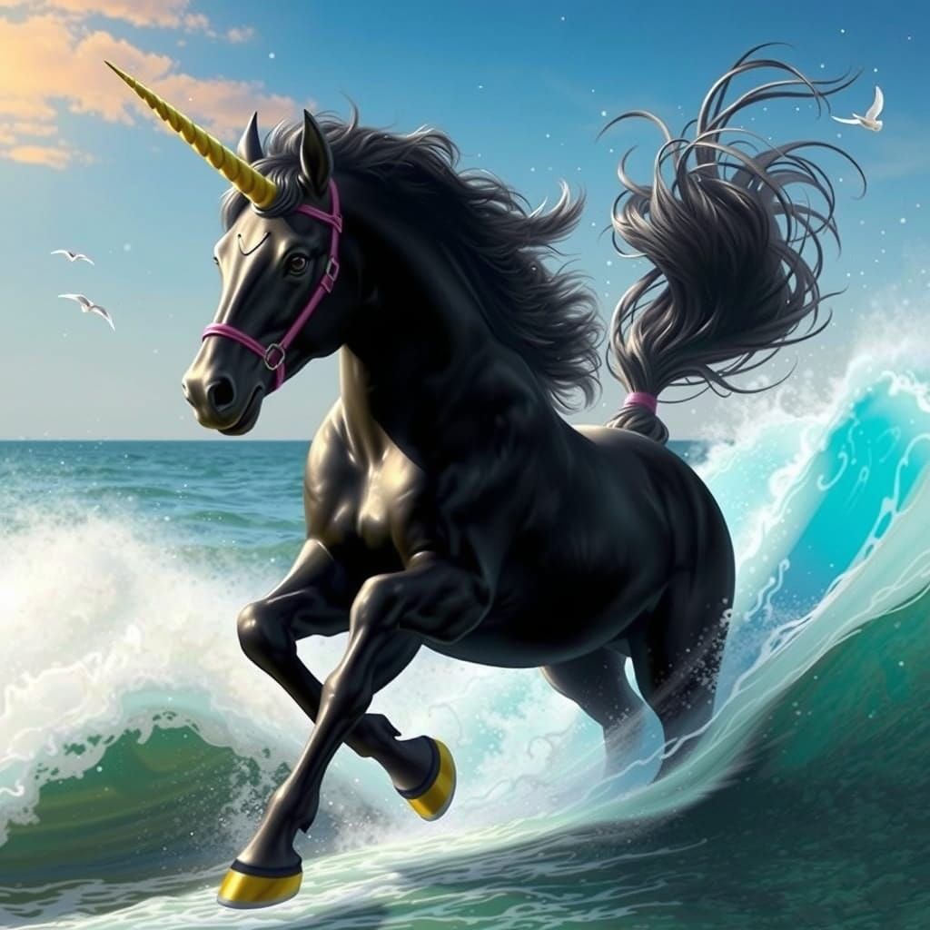 Majestic Black Unicorn Runs Along Serene Beach at Sunrise