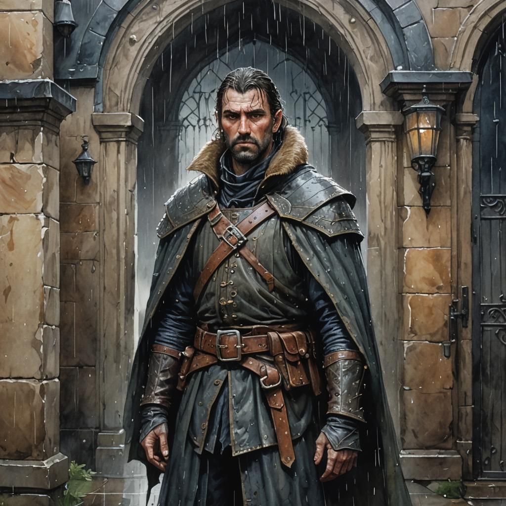 Melancholy Guard in Rain: D&D Concept Art