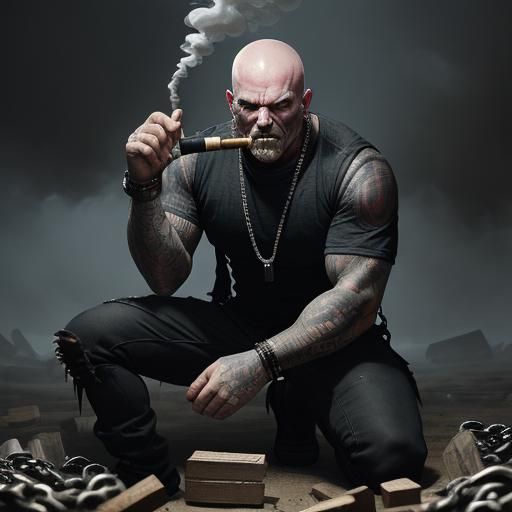 an angry older skinhead with a mohawk hair style in tight pants and plaid tshirt and knee high black boots. he has stubb...