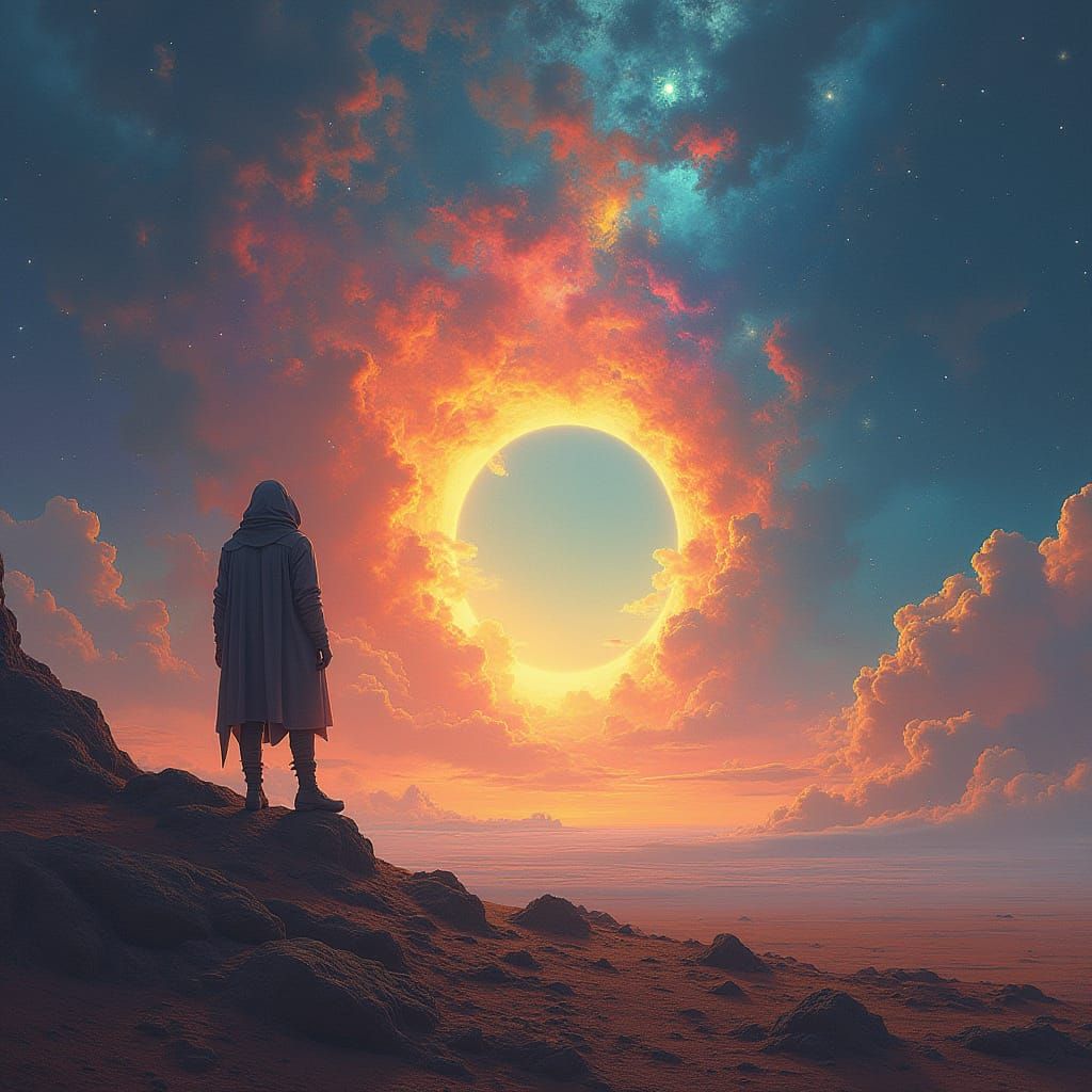 Alien Landscape with Glowing Portal and Nebula Sky