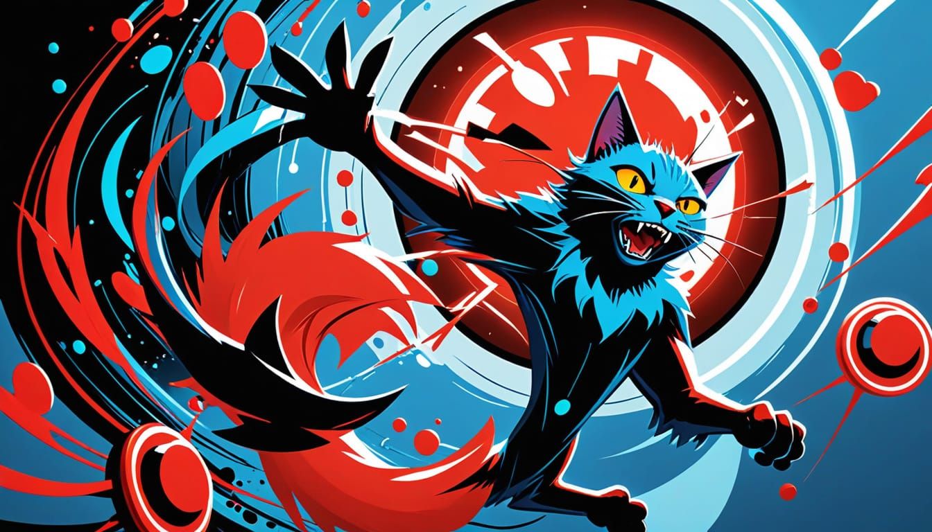 Cartoon Cat Taps Red Alert Button with Exaggerated Joy