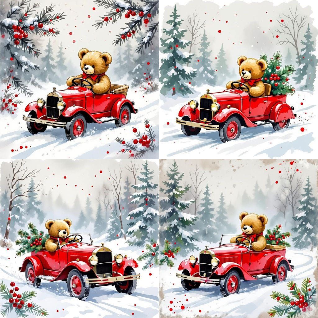 Antique Red Toy Car Driven by Vintage Teddy Bear