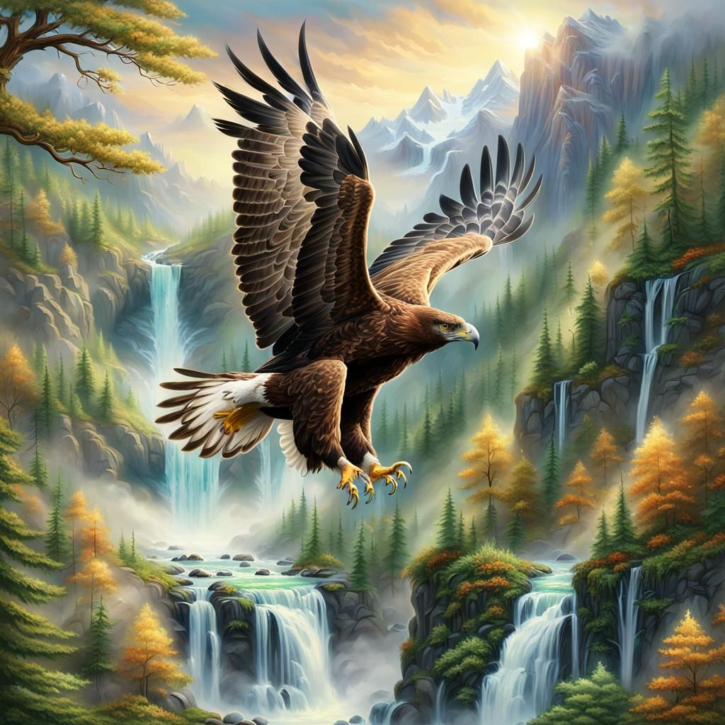 Golden Eagle Soaring Above Waterfall in Fantasy Realism