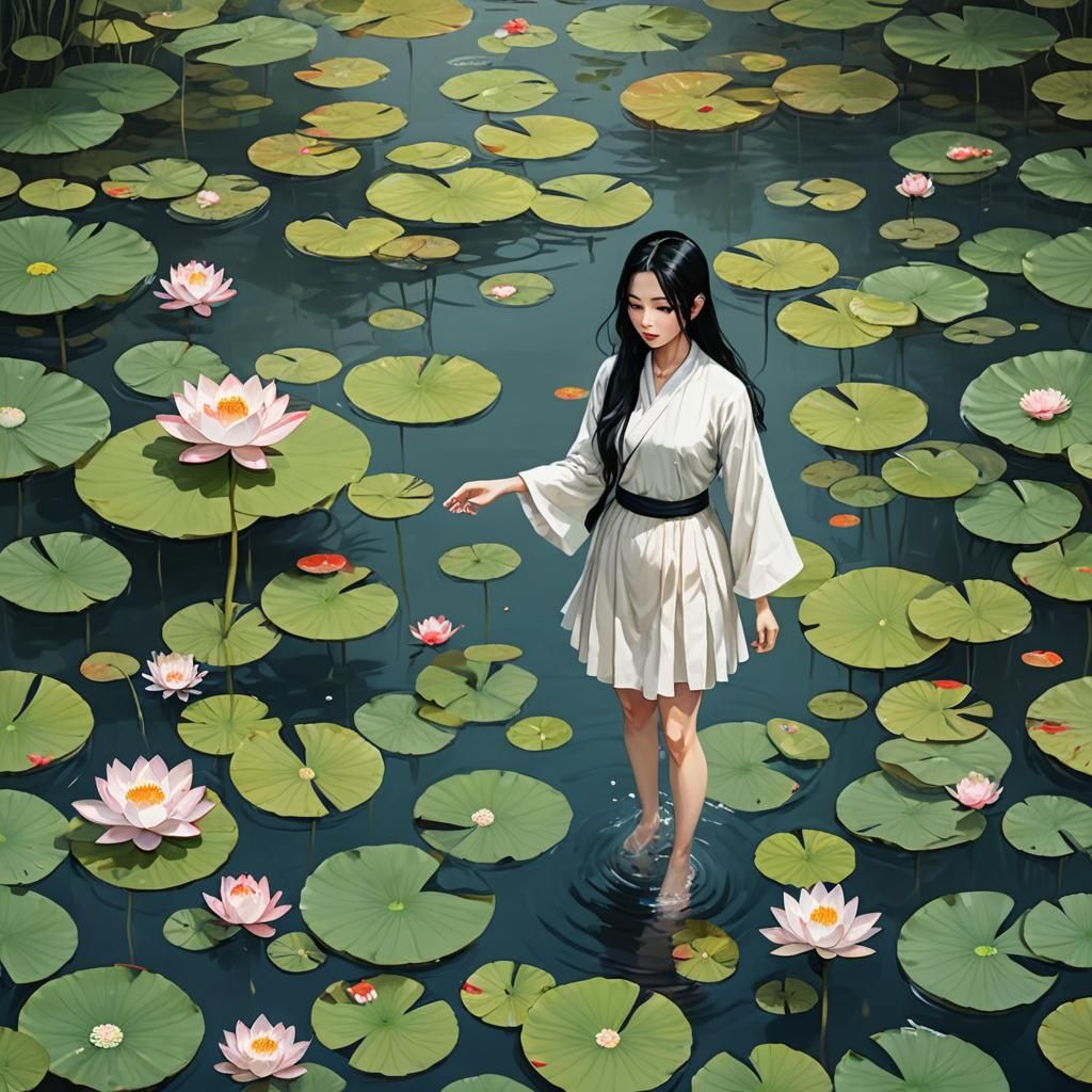Girl in Koi Pond with Lotus Flowers