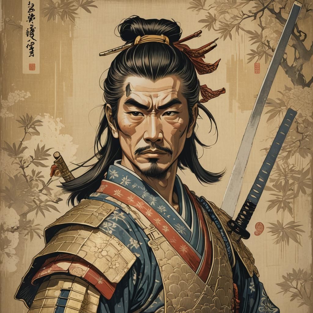 Ukiyo-e portrait of a samurai styled with the characteristic...
