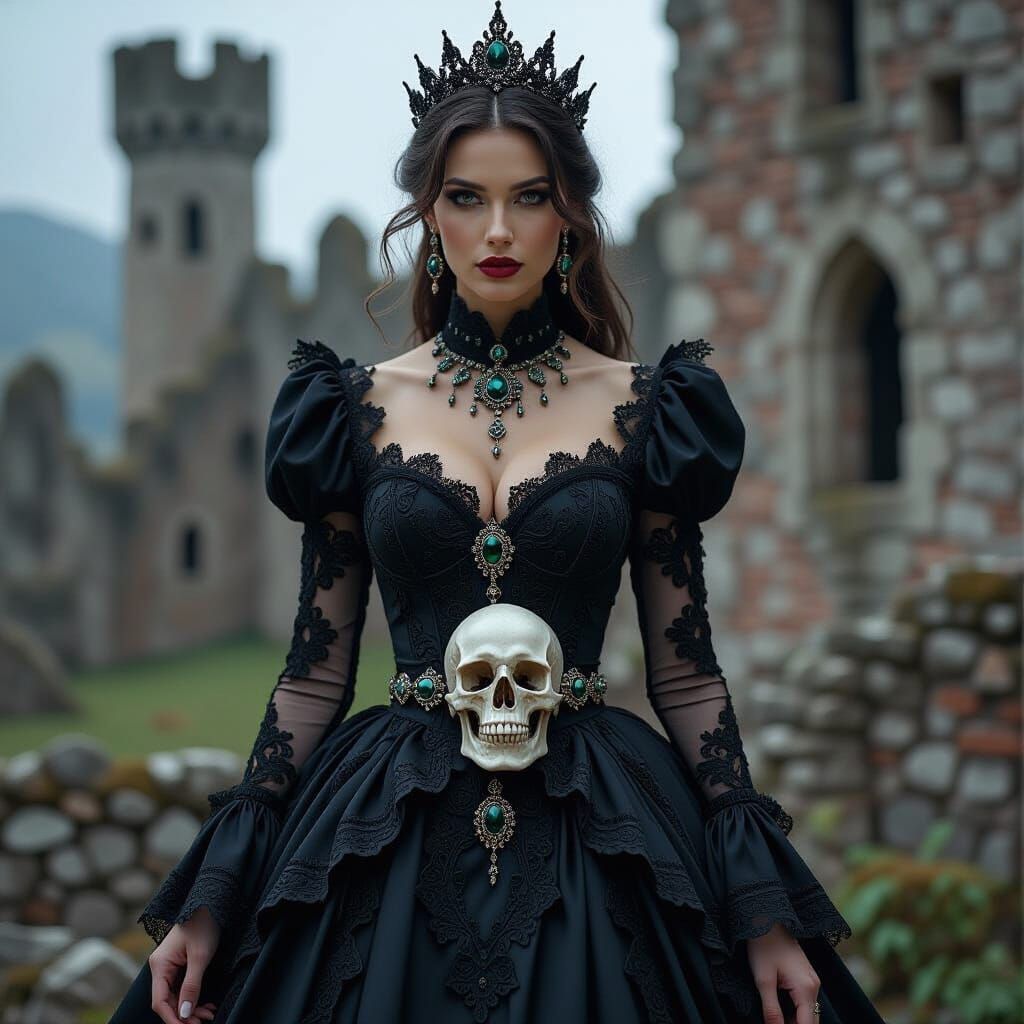 Evil Sorceress in Ruined Castle: Hyperrealistic Image