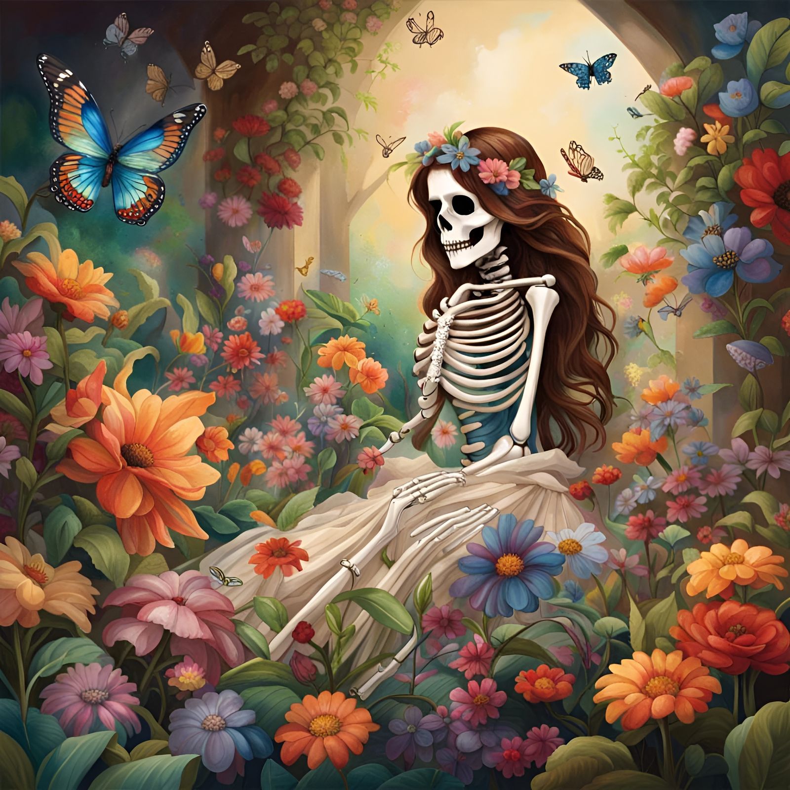 Heavenly Garden Delight πΈππΏ A woman's skeleton embraces the ethereal beauty of a vibrant garden.