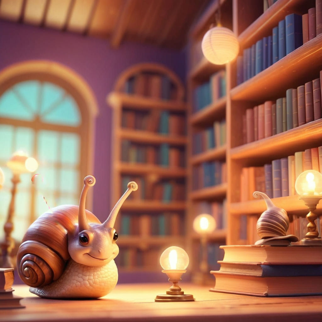 Curious Snail at the Library: Whimsical Illustration