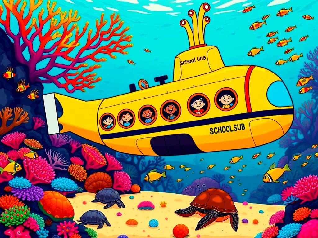 Psychedelic School Submarine in Yellow Submarine Style