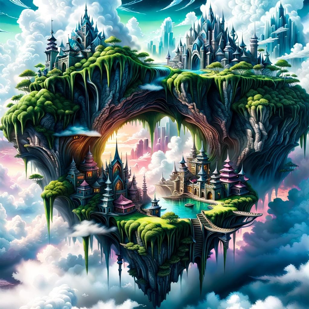 Floating Alien City-Kingdom in Clouds: Digital Matte Paintin...