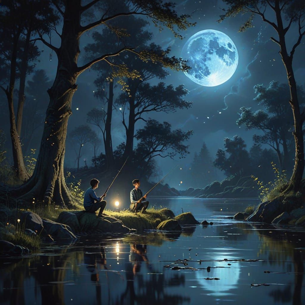 Nocturnal Fishing: Father and Son in Noir Concept Art