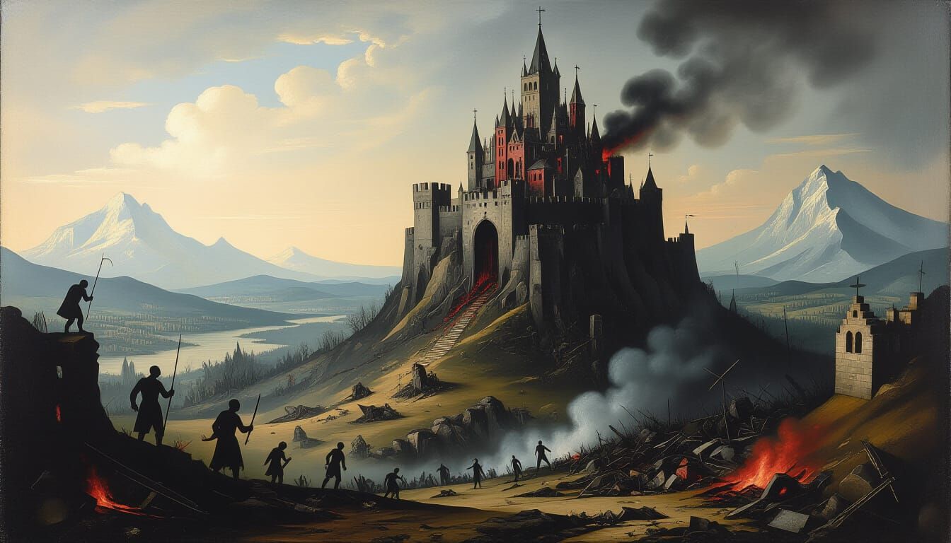 Grotesque Stronghold Over Devastated Battlefield: Surrealist...