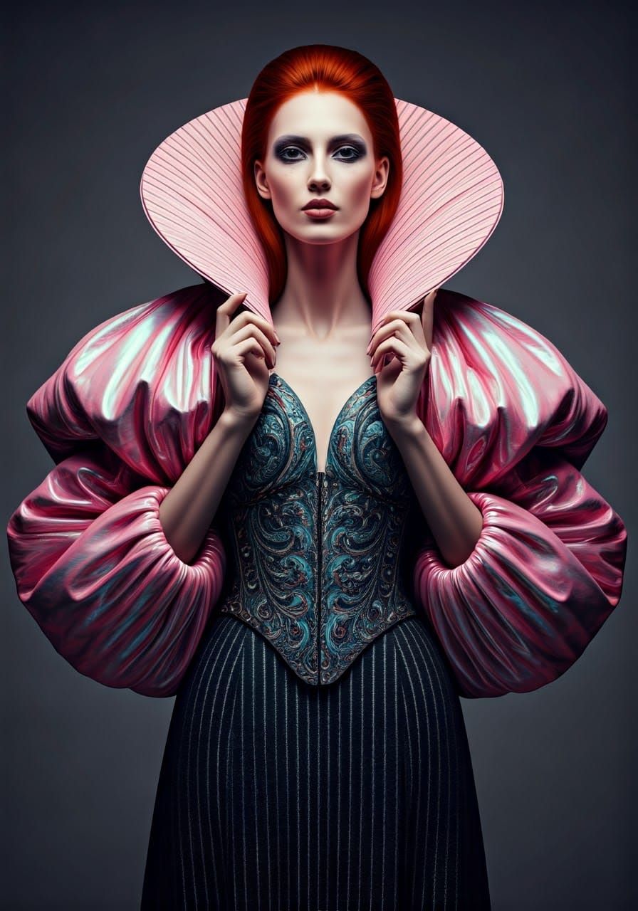 A striking fashion ensemble dominates the scene, characterized by its combination of futuristic and extravagant elements...