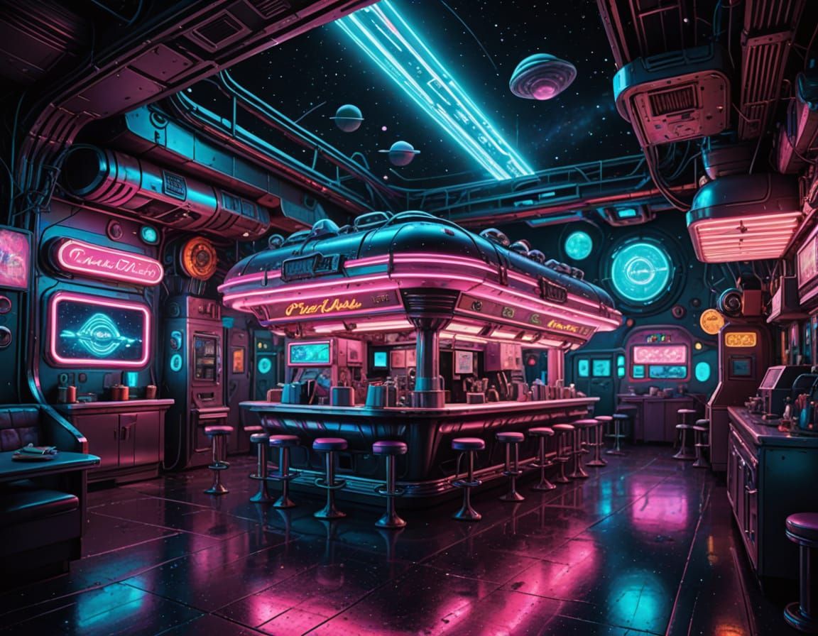Cosmic Diner in Epic Cyberpunk Outer Space Scene